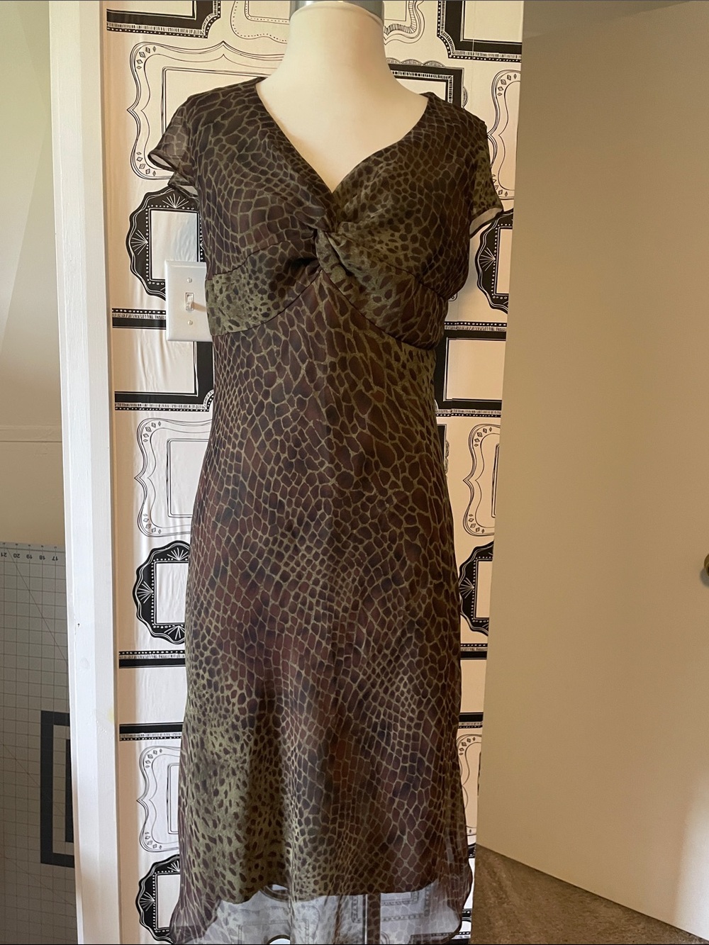 Olive Animal-Print Midi Dress with Twist Front